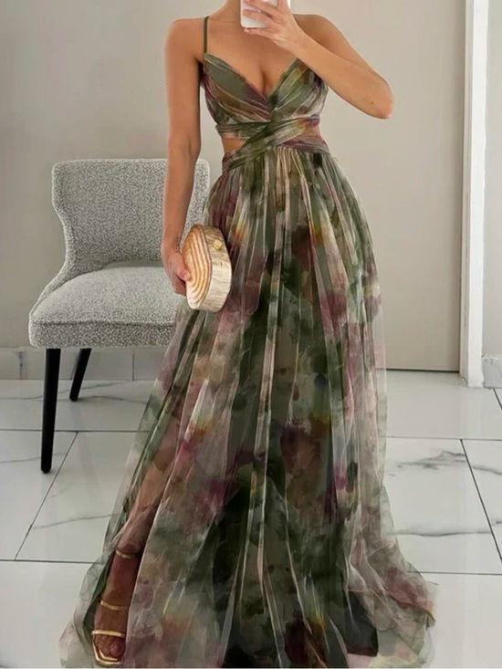Dresses & Skirts - Strappy Floral Maxi Dress in Olive Green
